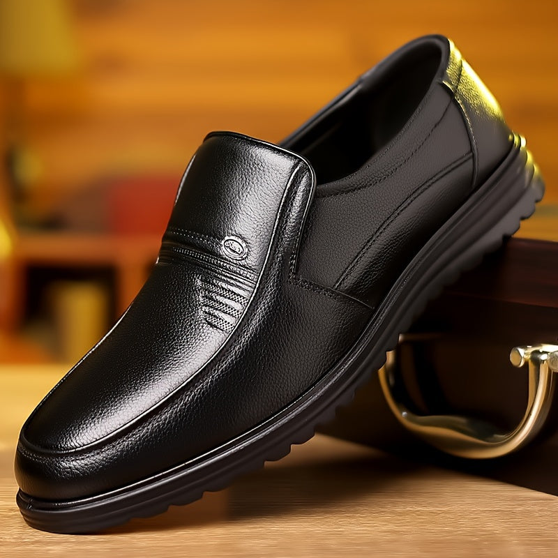 Men's Solid Color Top Grain Cow Leather Upper Slip On Loafer Shoes, Comfy Non Slip Casual Rubber Sole Dress Shoes, Men's Footwear